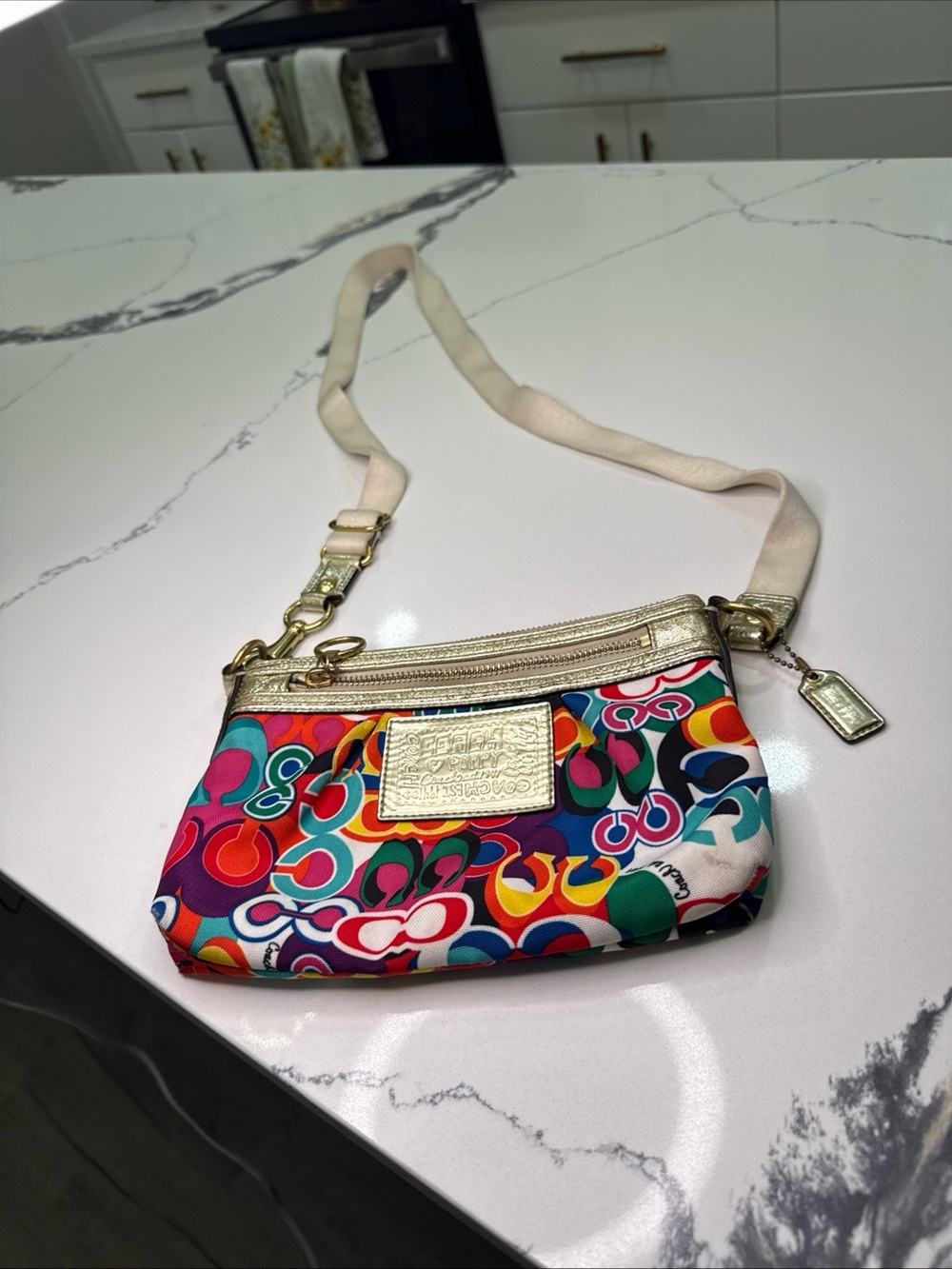 Coach Poppy Signature C Multi-Color Crossbody Bag Y2K Swingpack Gold Trim